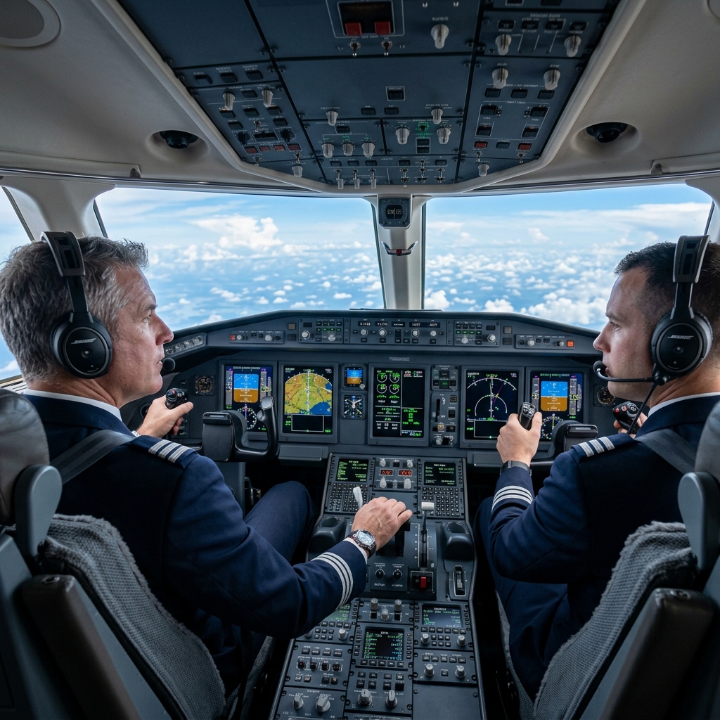 Experienced private jet pilots in cockpit at Boca Raton charter flight controls