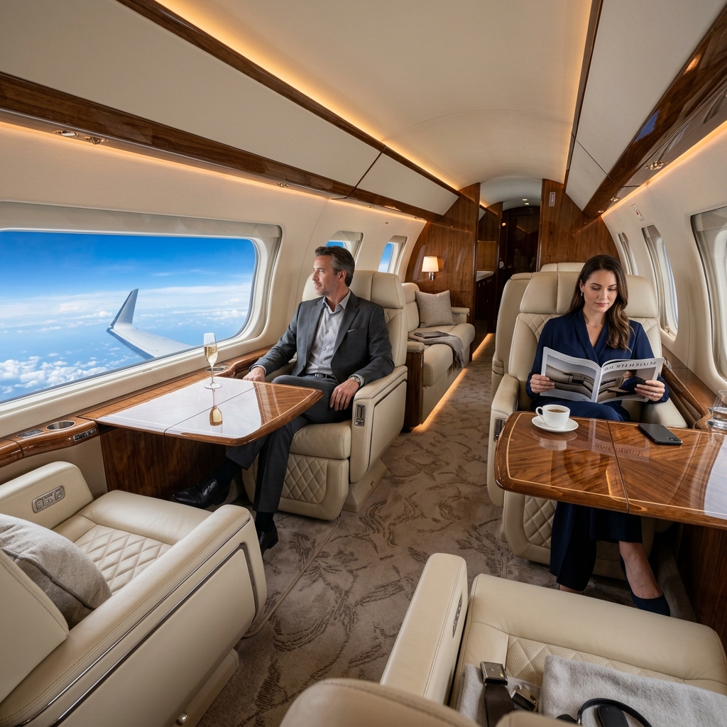 Luxury private jet cabin interior with leather seats and premium amenities